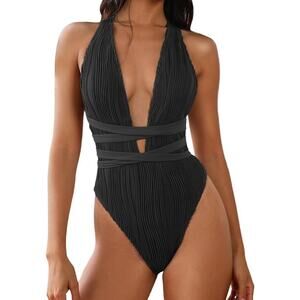 ZAFUL Women's One Piece Swimsuit Deep V Neck Ribbed Self Tie Black L